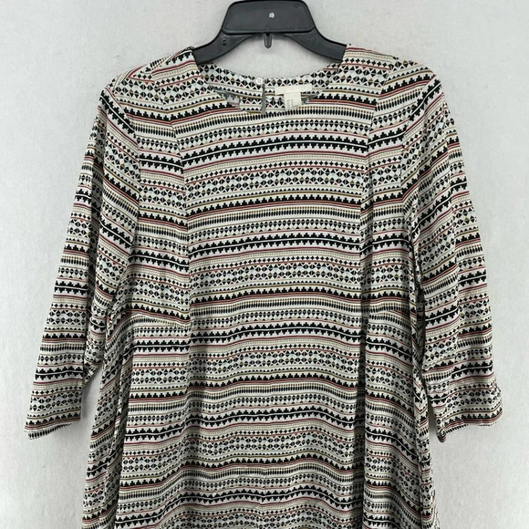 H&M Mini Shift Dress Sz 12 Cream Black Geometric Stripe Keyhole 3/4 Sleeves Boho - Picture 6 of 12